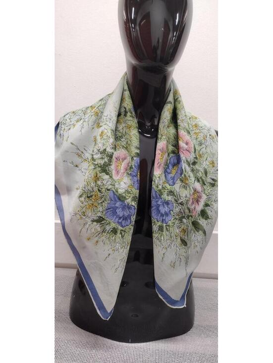 Accessories - Vintage 1950s Fine Silk Scarf Periwinkle Flowers Pink Jade Green Hand Sewn Edges